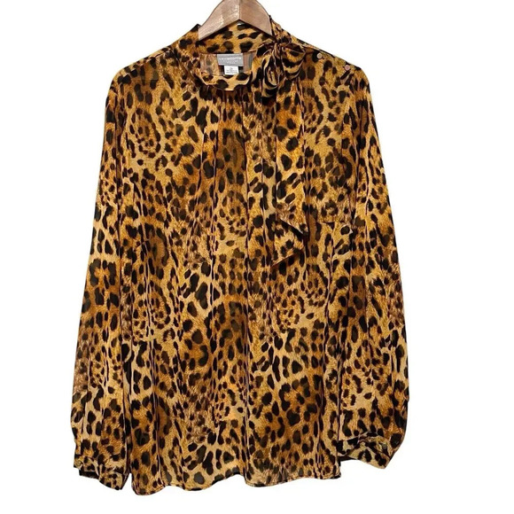 Liz Claiborne Signature Woman Leopard Print Tie-neck Bow Button Top Size 2X - Picture 1 of 6